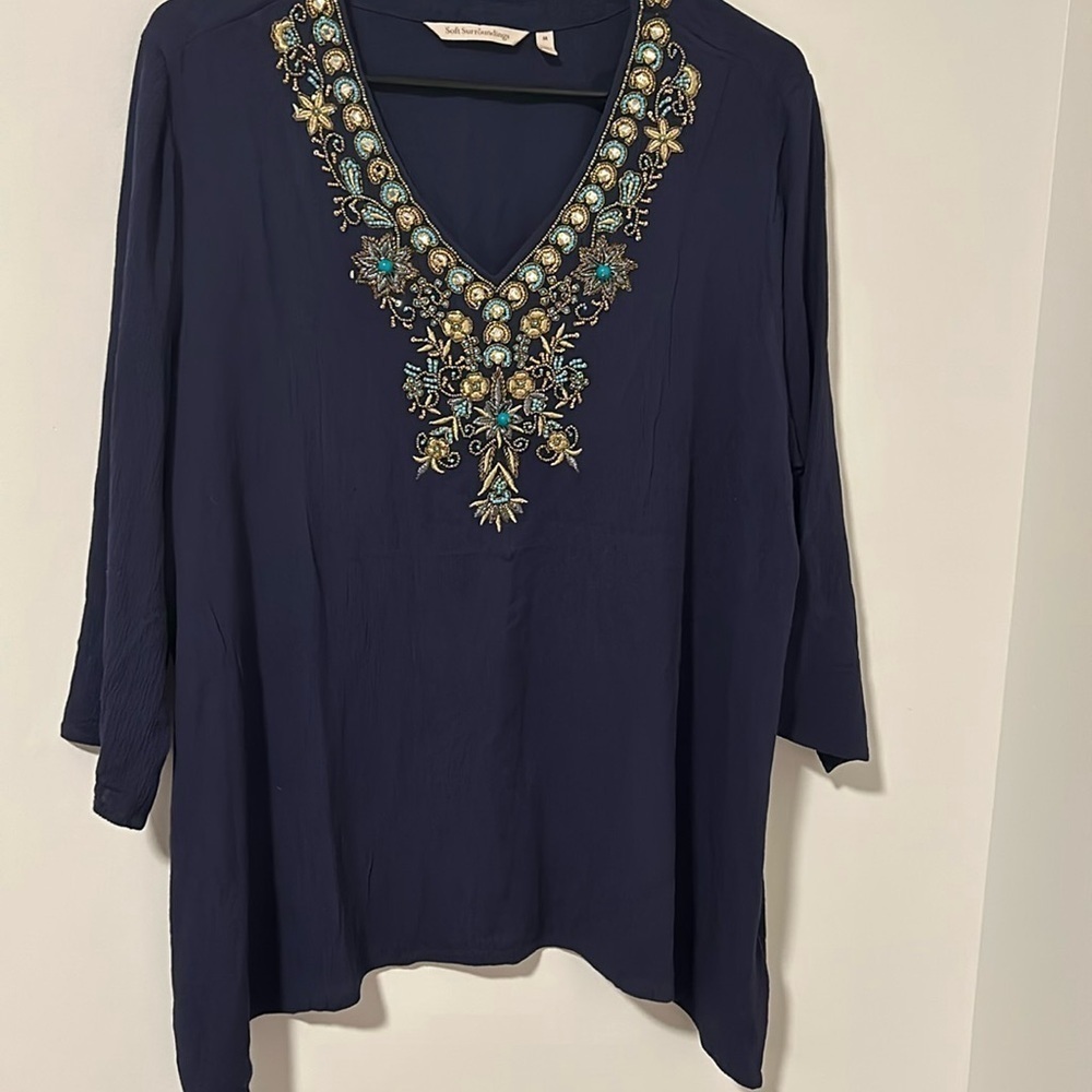 Soft Surroundings Beaded Blue Boho Cottagecore Tunic Blouse Size Medium Flowy